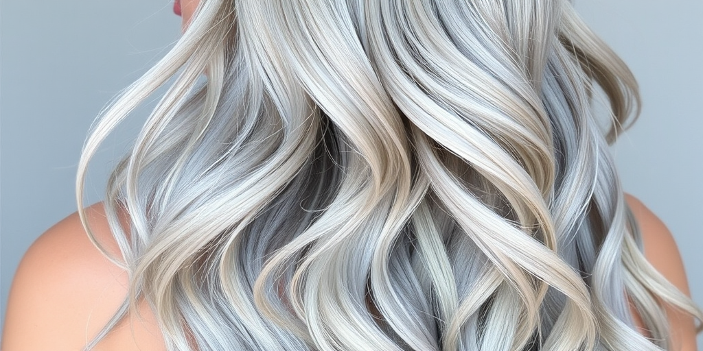 Ethereal hair style presenting waist-length silver-gray strands styled in loose mermaid waves with subtle metallic accents