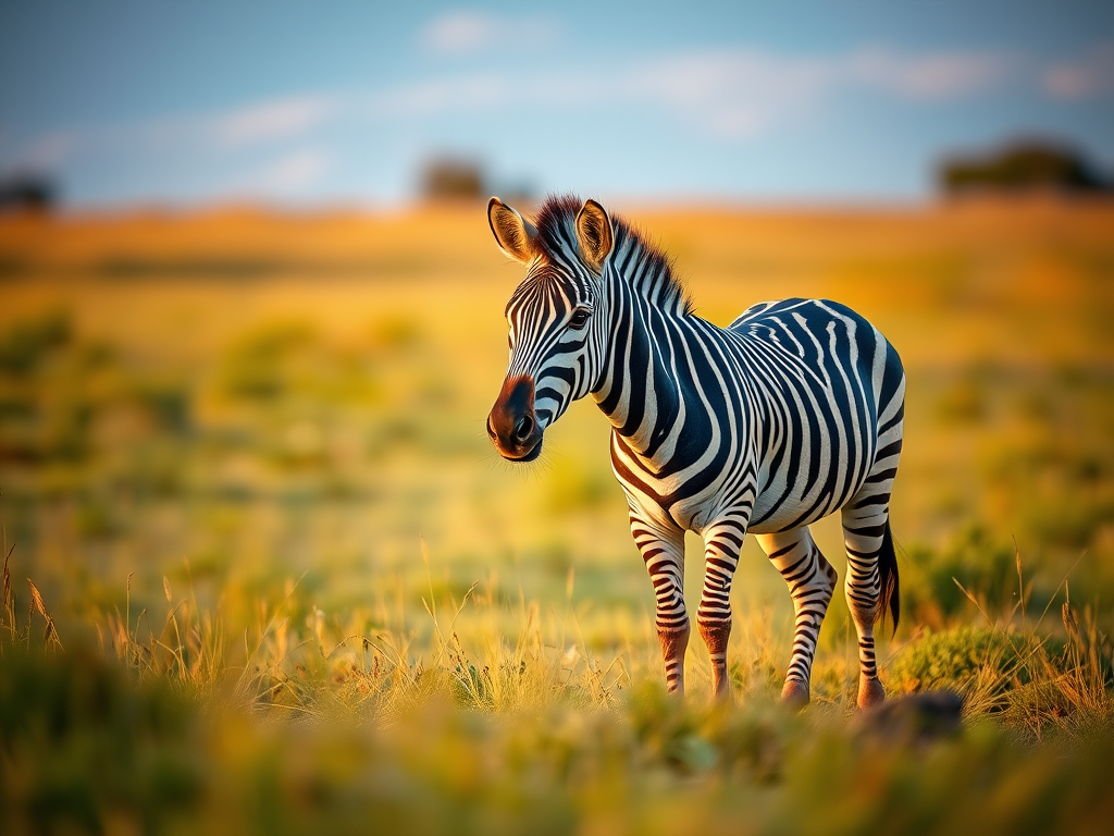 Zebra standing in a grassy landscape at golden hour, shallow depth of field, aperture f/2.8, ISO 400, shutter speed 1/500s, 85mm lens, DSLR camera with macro settings, natural lighting.