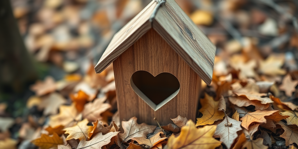 A cozy wooden birdhouse with a heart-shaped opening nestled on a bed of autumn leaves in a natural setting, taken with a DSLR camera, 50mm lens, f/2.8 aperture, ISO 100, soft natural light, shallow depth of field, top-down view.