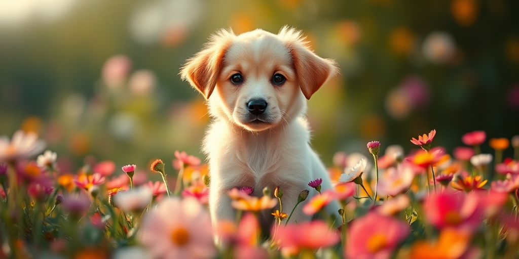 A cute puppy sitting in a field of flowers, soft natural lighting, shallow depth of field, f/2.8 aperture, ISO 100, 50mm lens, Canon EOS 5D Mark IV, vibrant colors, whimsical atmosphere.