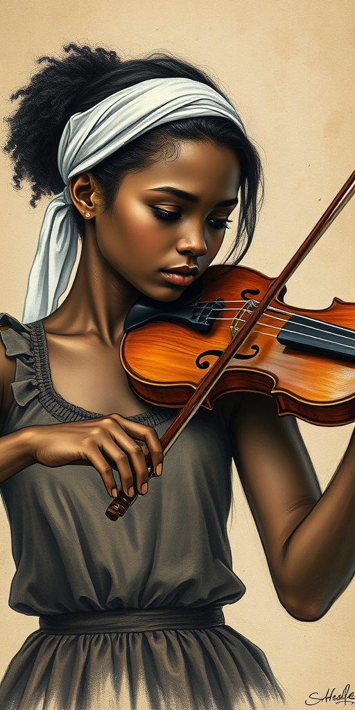 a young Creole woman with a white headband playing a violin, in the style of a charcoal drawing, sepia grunge background