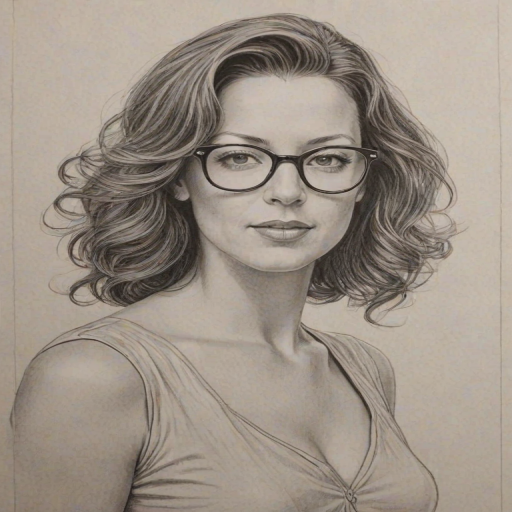 Superb Sarah McLachlan, pencil sketch, portrait of Exquisite woman 1955s in glasses, hair style beatnik, outline, clear lines, fine lines, 8k