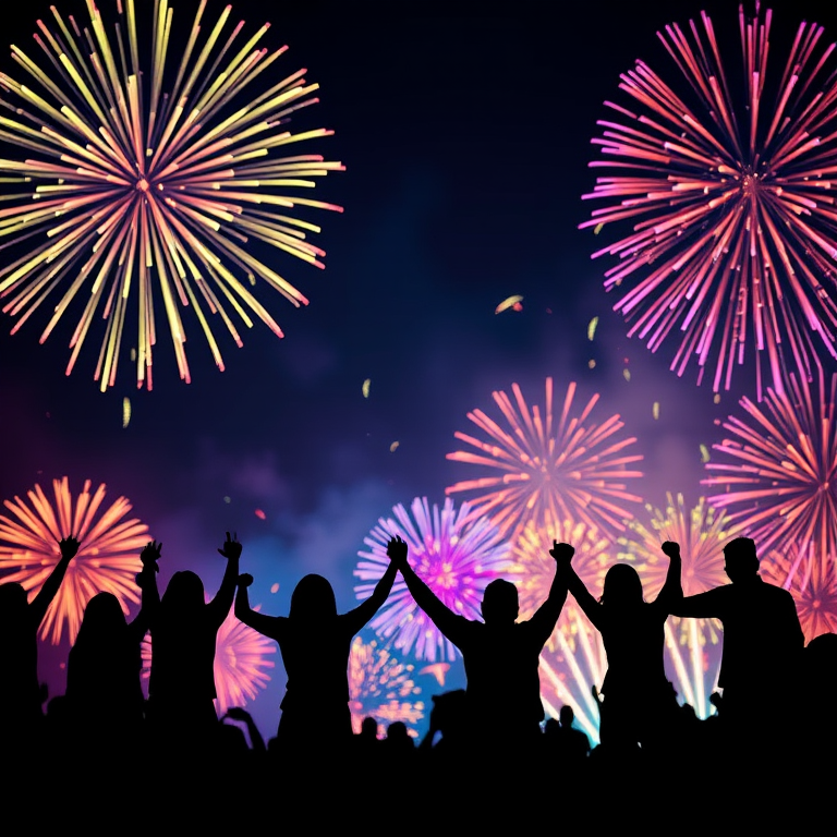 create an image of a group of people holding hands silhouetted against a colorful fireworks display at night with vibrant bursts of color in the background, settings: ISO 100, aperture f/2.8, shutter speed 1/60s, camera view: wide angle, camera style: digital illustration, camera type: DSLR