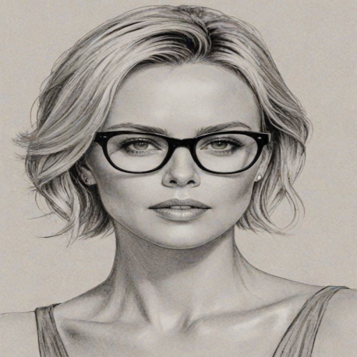 Beautiful Charlize Theron, pencil sketch, portrait of beautiful woman 60s in glasses, hair style beatnik, outline, clear lines, fine lines, 8k
