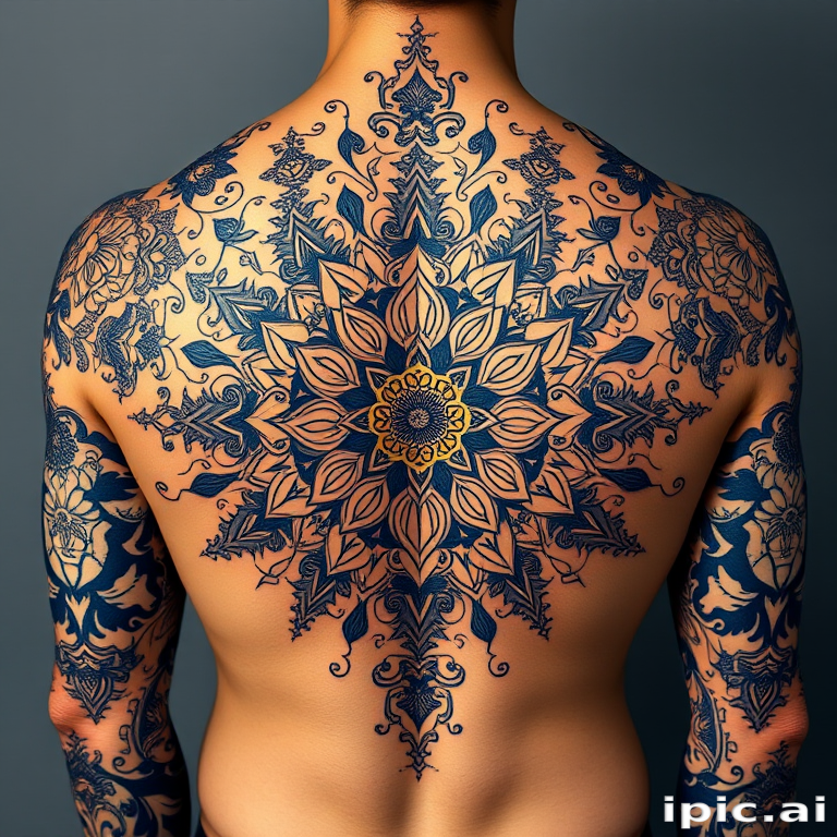 Ornate mandala tattoo covering the upper back and shoulders, incorporating intricate floral patterns and sacred geometry in deep blue and gold ink