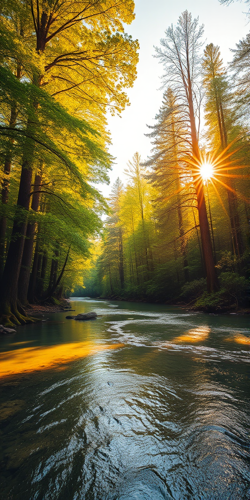 Create an image of a serene, sunlit forest scene with a clear, gently flowing river. Tall trees with lush green foliage line both sides of the river, their leaves bathed in the warm golden light of the setting or rising sun. The sunlight filters through the trees, casting soft, dappled light on the river, which flows over smooth rocks and pebbles, creating a peaceful, natural atmosphere. The sky is bright with a few scattered clouds, and the overall mood is tranquil, evoking a deep sense of connection with nature. The image captures the beauty of a calm, pristine forest landscape at either dawn or dusk.