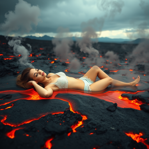 A surreal, detailed image of a woman lying comfortably in flowing lava, with gray smoke rising around her. She appears relaxed despite the molten surroundings, with a volcanic landscape and distant mountains in the background. The scene is vivid, with the bright lava contrasting against the dark, smoky atmosphere.
