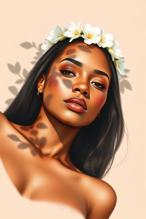create a watercolor painting of an ethereal portrait of beautiful Afro-Caribbean woman with a simple white flower crown on her head. Her hair is long and she is lying on the ground. The sunlight on the trees casts shadows from the leaves on her face and body. The background is a neutral brown color that matches her skin tone. The image is minimalist and solid colors. This style is characterized by soft, delicate brushstrokes and a light, airy, contrasting color palette. High level of detail and play of light