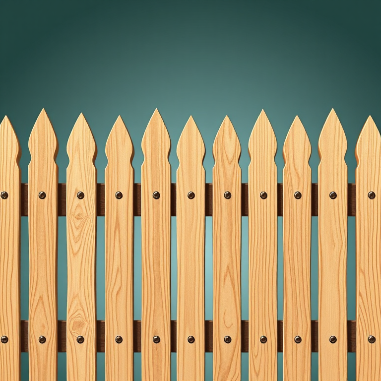 Create a detailed illustration of a wooden picket fence with a smooth, natural wood texture, set against a gradient background, using a DSLR camera with a 50mm lens, f/1.8 aperture, ISO 100, and a shallow depth of field to enhance the image quality with vibrant colors and sharp details.