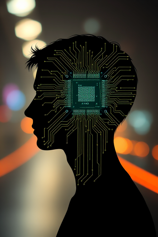 Generate an abstract image of a human head silhouette integrated with a microchip and circuit patterns, with a soft-focused background and dynamic light trails, using a DSLR camera, f/1.8 aperture, ISO 100, 50mm lens, and a shallow depth of field for enhanced detail.