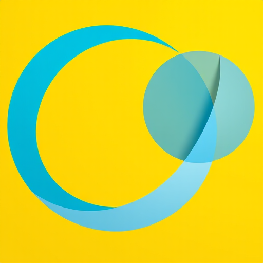 Generate an abstract image with overlapping blue shapes and smooth white curves on a vibrant yellow background, using a Canon EOS R5, ISO 100, f/8 aperture, 24mm lens, frontal view, in high dynamic range style for enhanced color depth and clarity.