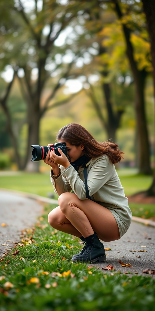 Capture a woman crouched while photographing in a park, using a Canon EOS R5 with a 50mm lens, f/2.8 aperture, 1/500 sec shutter speed, ISO 100, natural lighting, shallow depth of field, focused on the subject with soft background blur.