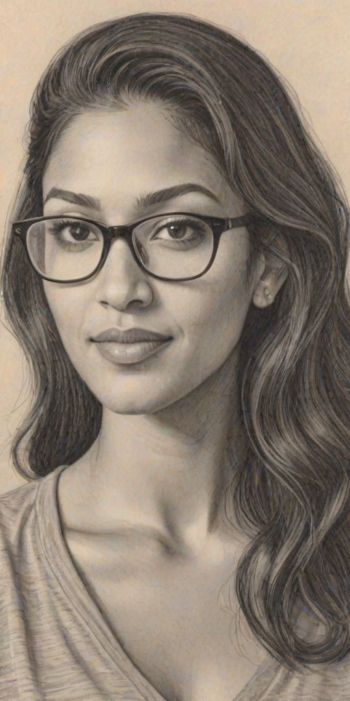 Delightful Janina Gavankar, pencil sketch, portrait of Charming woman 1945s in glasses, hair style beatnik, outline, clear lines, fine lines, 8k