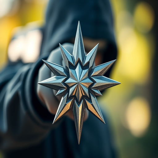 Create a high-resolution image of a stylized silver ninja star, captured with a Canon EOS R5, 50mm lens, f/2.8 aperture, ISO 100, natural lighting, and a slight vignette effect for depth.