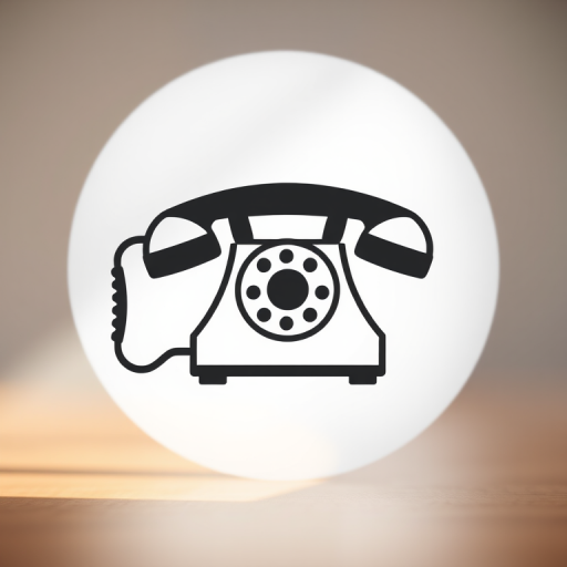 Create a high-resolution image of a classic telephone icon set against a minimalistic circular background with a shallow depth of field, using a 50mm lens at f/1.8, ISO 100, and a soft natural light source to create a modern and clean look.