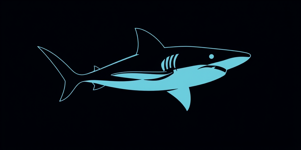 Create an illustration of a stylized shark silhouette with flowing lines, captured in high resolution using a DSLR camera with a 50mm lens, f/1.8 aperture, ISO 100, and a soft diffused lighting setup for a clean and sharp image.