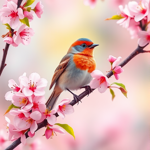 Create a vibrant illustration of a bird perched on a blooming cherry blossom branch with detailed petals and leaves, using high-resolution settings, focal length of 50mm, aperture f/2.8, and a DSLR camera style for enhanced depth and clarity.