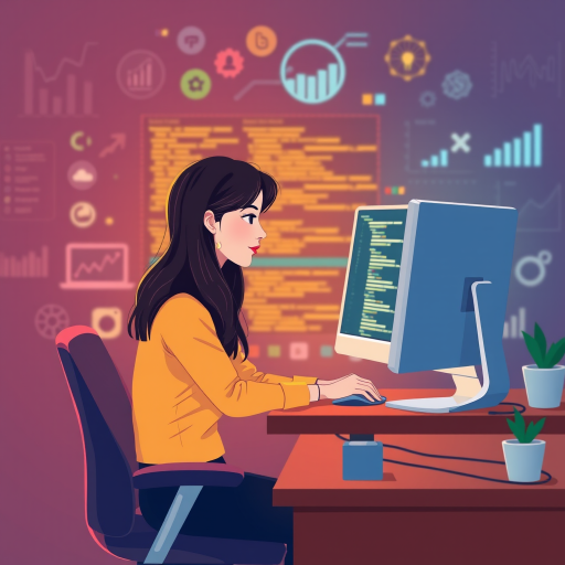 A digital illustration of a woman sitting at a desk working on a computer with programming code on the screen, colorful background with tech-related icons and charts, shot in high resolution with a soft focus effect, using a DSLR camera with a 50mm lens at f/1.8, ISO 100, and a slight vignette to enhance depth.