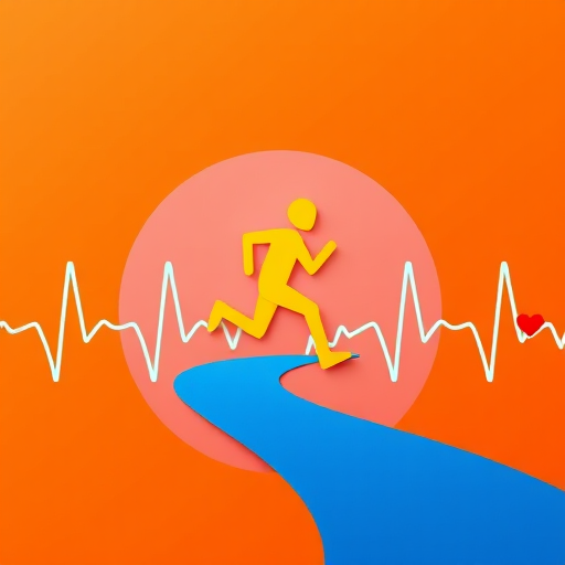 Create a vibrant illustration of a yellow running figure on a blue heartbeat line leading to a red heart, set against an orange gradient background, captured with a Canon EOS R5 at f/8, 1/100s, ISO 200, wide angle lens, in a flat lay style.