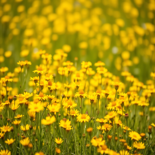 A vibrant field of yellow wildflowers in full bloom, shot with a DSLR camera, 50mm lens, f/2.8 aperture, ISO 100, with a shallow depth of field focusing on the flowers in the foreground and a softly blurred background, in natural sunlight to enhance colors and details.