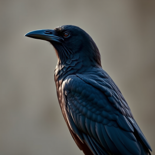 Create a highly detailed illustration of a raven perched gracefully, using a 50mm lens, aperture f/1.8, ISO 200, soft natural lighting, and a shallow depth of field to enhance the background blur, in a close-up view on a matte textured background.