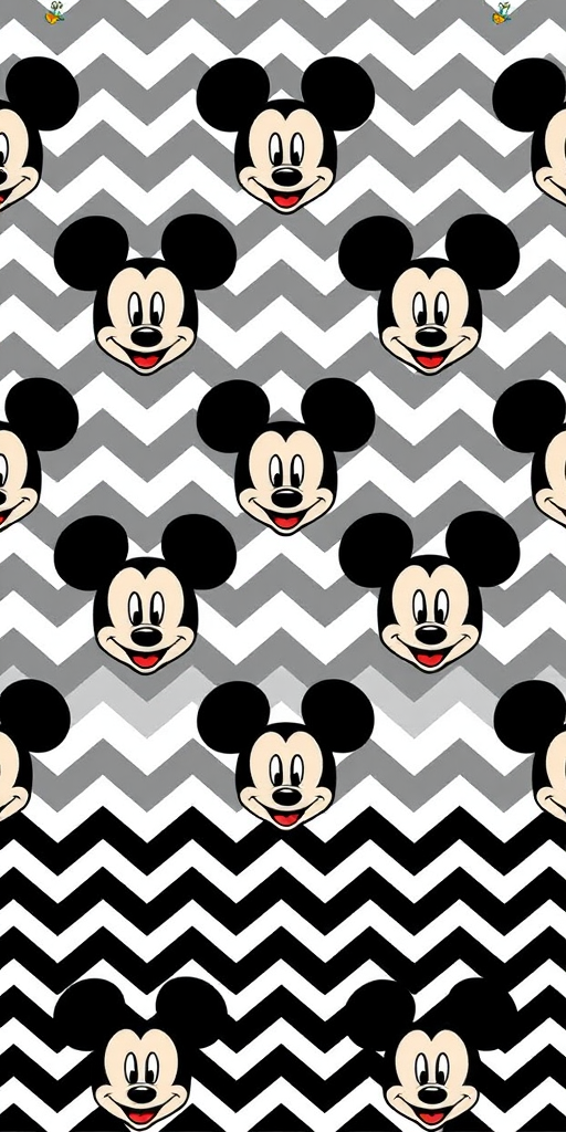 Create a repeating pattern of stylized Mickey Mouse heads over a black and white zigzag chevron background, use a 50mm lens, aperture f/8, shutter speed 1/125s, captured with a digital SLR camera in high-resolution mode.