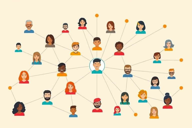 Create an infographic showing a network of diverse avatars connected by lines on a soft beige background, using a DSLR camera with a 50mm lens, f/2.8 aperture, ISO 100, and a focus on clean lines and vibrant colors.