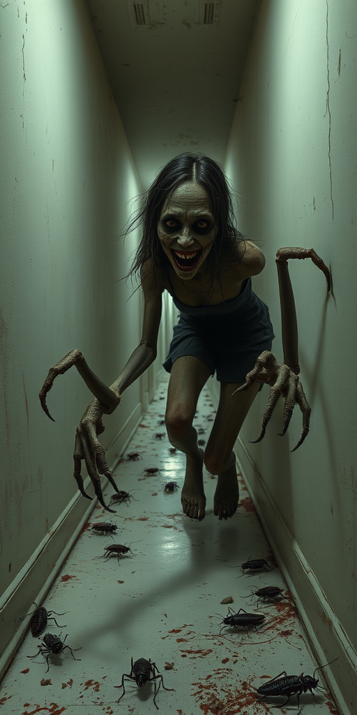 a crooked female with long arms and a creepy smile is crawling along a long white corridor and you can also see cockroaches in it there is a creepy atmosphere creepy art style