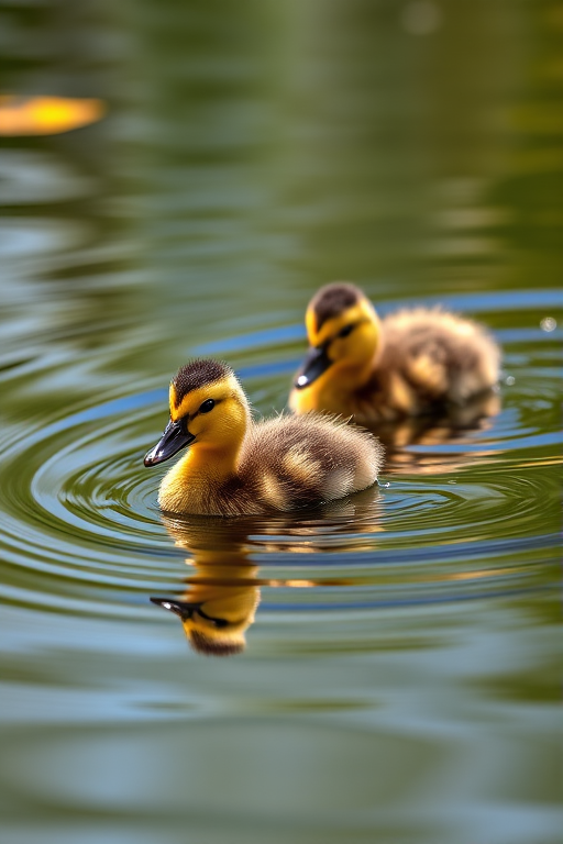 Create a vibrant image of two ducklings swimming in a tranquil pond, focus on their reflections in the water, use a Canon EOS 5D Mark IV with a 50mm f/1.8 lens, aperture set to f/2.8, ISO 200, shutter speed 1/250s, natural lighting to enhance detail and color clarity.