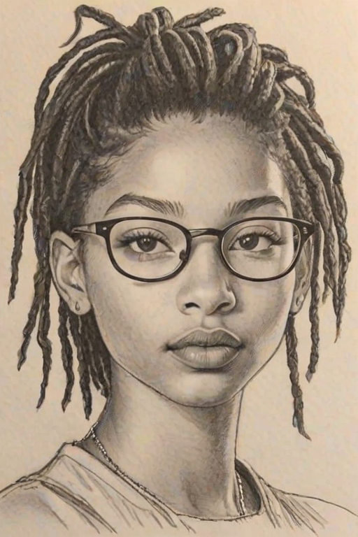 Delightful Willow Smith, pencil sketch, portrait of Fetching woman 1976s in glasses, hair style beatnik, outline, clear lines, fine lines, 8k