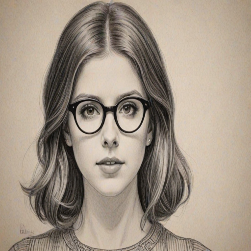 Magnificent Anna Kendrick, pencil sketch, portrait of Charming woman 1920s in glasses, hair style beatnik, outline, clear lines, fine lines, 8k
