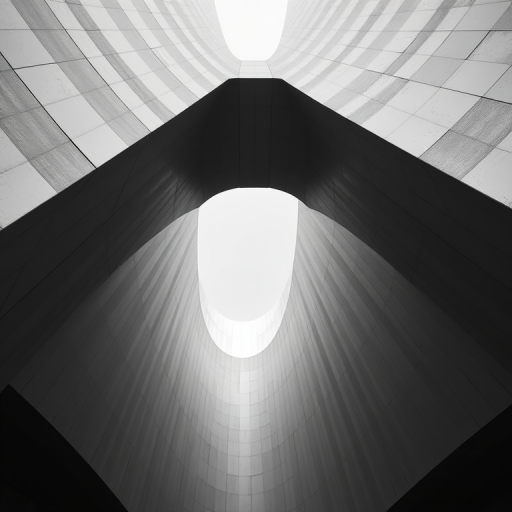 Create a high-resolution image of abstract architecture featuring curved and textured surfaces in black and white, shot with a Canon EOS R5 at f/8, ISO 100, with a 24mm wide-angle lens, using a low-angle view to emphasize the dimensionality and patterns of the structures.