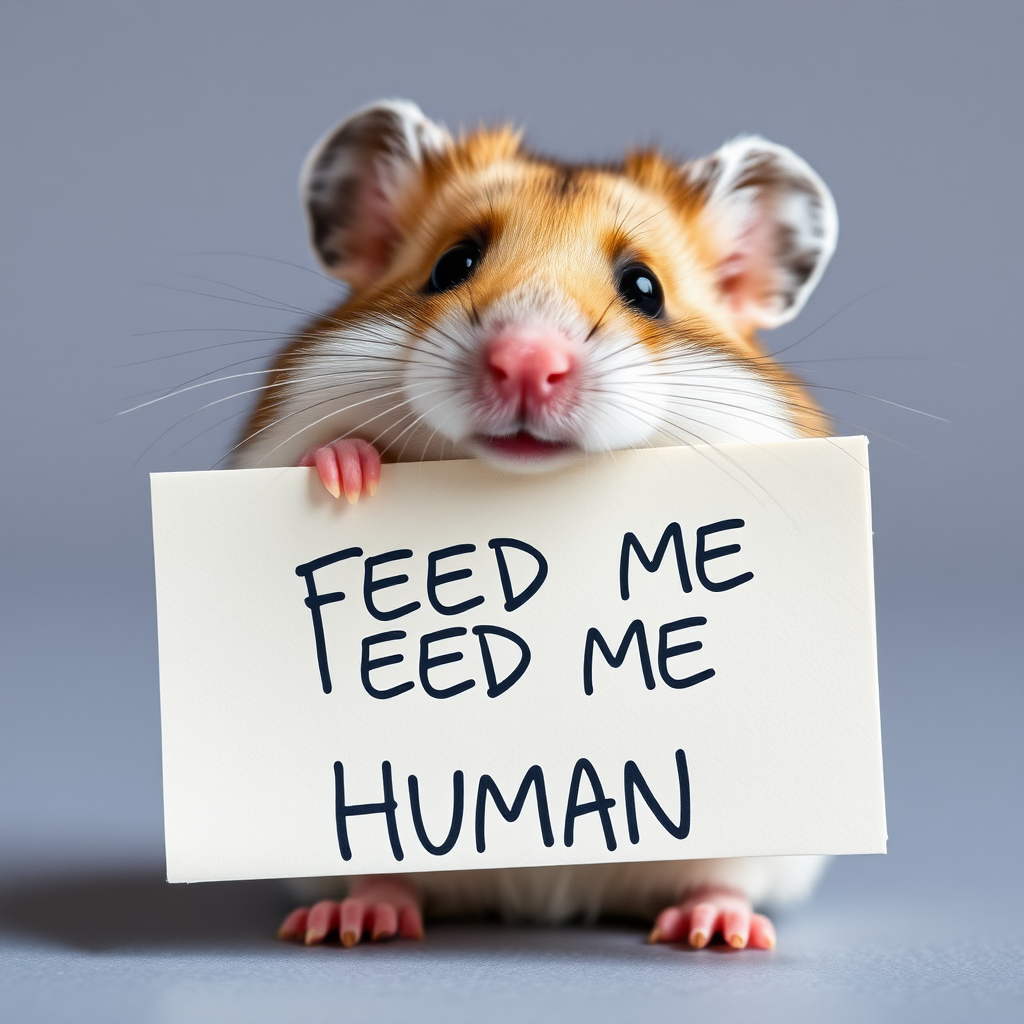 hamster holding a note which says "FEED ME HUMAN"