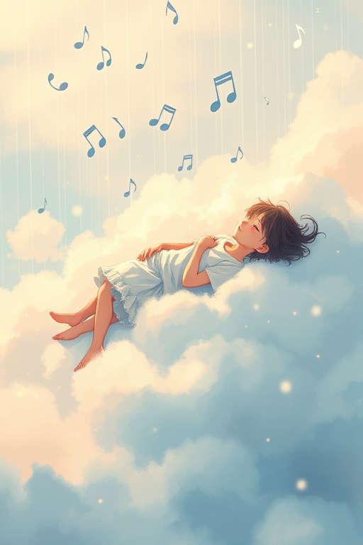 Create a dreamy illustration of a person lying on a fluffy cloud with light blue color and soft edges, surrounded by musical notes falling like rain, using a high-resolution digital art style, captured in a vibrant, warm color palette, simulated with a 50mm lens at f/1.8 for depth of field, ensuring a soft focus background for an ethereal effect.