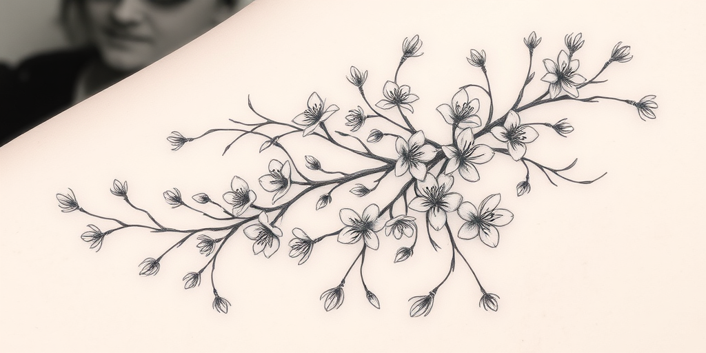 Fine line tattoo "Delicate Reverie" showcasing a detailed botanical illustration of intertwining vines and blossoms in delicate black linework with subtle grey wash shading