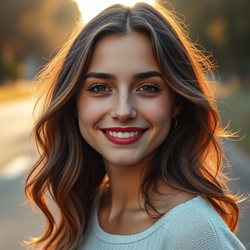 Portrait of a young woman with wavy hair smiling softly outdoors on a road, natural sunlight creating a warm glow, shot with a Canon EOS R5, 85mm f/1.2 lens, ISO 100, shutter speed 1/200s, soft focus background for depth.