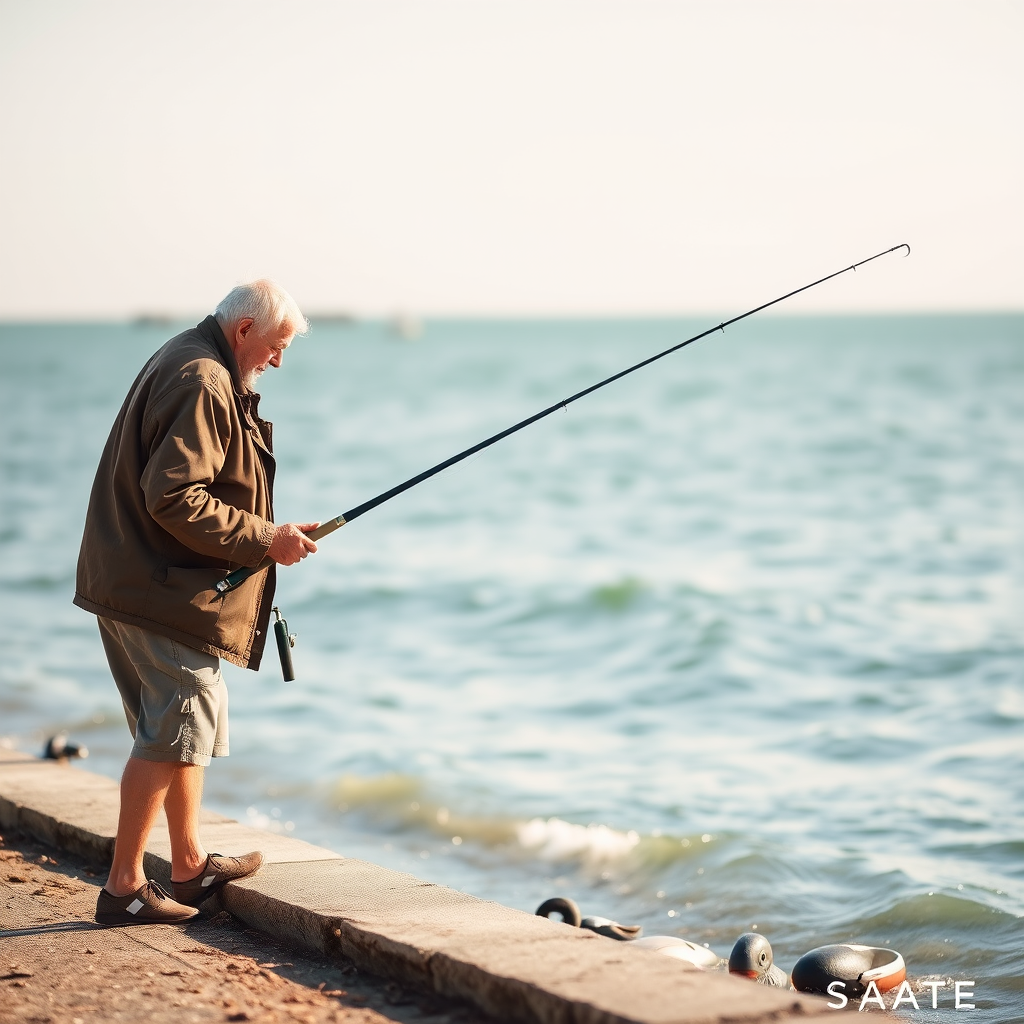 Capture an elderly man fishing by the shore on a bright sunny day, using a shallow depth of field, natural lighting, a focal length of 50mm, ISO 100, aperture f/2.8, in a landscape orientation with a soft pastel color palette.