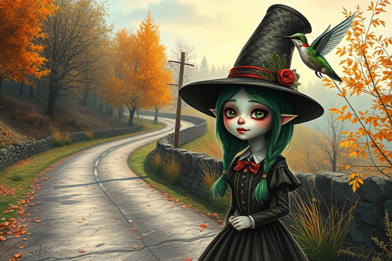 digital art fantasy depicting a strange girl with green hair, long eyelashes, white lipstick and a tall hat walking along a winding road on an autumn afternoon, an Hummingbird smiles as she passes