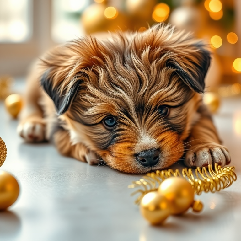 Capture a close-up of a fluffy puppy lying on a smooth floor with golden ornaments and tinsel around it, using a DSLR camera with a 50mm lens, aperture set to f/1.8, ISO 200, and a soft natural light setting to enhance the image quality.