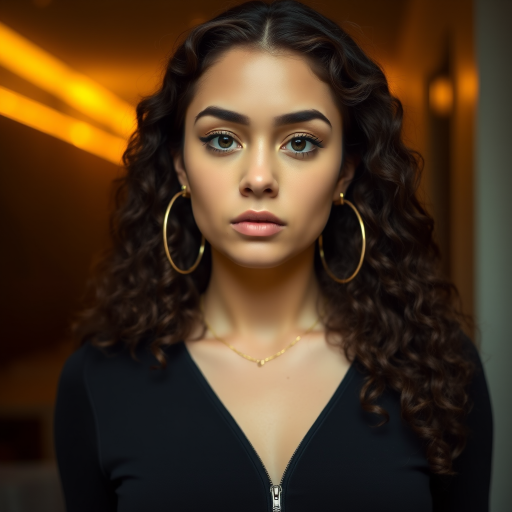 A young woman with long, curly brown hair is looking directly at the viewer. She is wearing a black top with a zipper down the front. The setting is a dimly lit interior space, with a warm, golden light emanating from the background. Her expression is neutral, with a hint of seriousness. The image is a close-up portrait with a shallow depth of field, focusing on the woman's face and torso. The background is blurred, creating a soft and intimate atmosphere.  She is wearing large gold hoop earrings, and a small gold chain is visible around her neck.  Her makeup is natural and simple, highlighting her brown eyes. The lighting creates subtle shadows that accentuate her features.  Her skin is smooth and glows in the soft light. The composition is balanced, with the woman's face positioned in the center of the frame.  The image is focused on capturing her beauty and confidence.