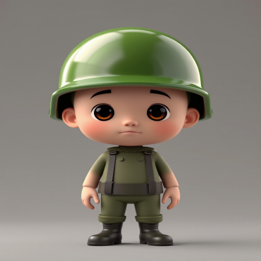 Create a 3D render of a cartoon-style figure wearing a shiny green military helmet, standing upright with a neutral expression, using a shallow depth of field, 50mm lens, f/2.8 aperture, ISO 100, and natural lighting for enhanced image quality.