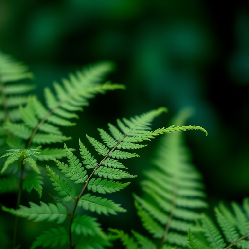 macro shot of green fern leaves with a blurred background, ISO 200, f/2.8, 1/100 sec, natural lighting, DSLR camera, shallow depth of field