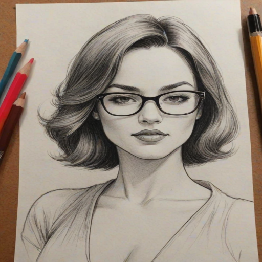 Bewitching Kitana Kiki Rodriguez, pencil sketch, portrait of Comely woman 1969s in glasses, hair style beatnik, outline, clear lines, fine lines, 8k