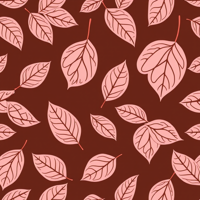 Generate a seamless pattern of stylized leaves with intricate line work in soft pink and coral tones on a chocolate brown background using a Canon EOS R5, f/5.6 aperture, ISO 100, 50mm lens, shot from a top-down view in natural light to enhance details and color depth.