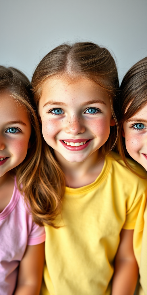 Three smiling young girls with freckled skin and blue eyes, wearing colorful t-shirts, front view, natural studio lighting, aperture f/2.8, shutter speed 1/125s, ISO 200, DSLR camera, 85mm lens.