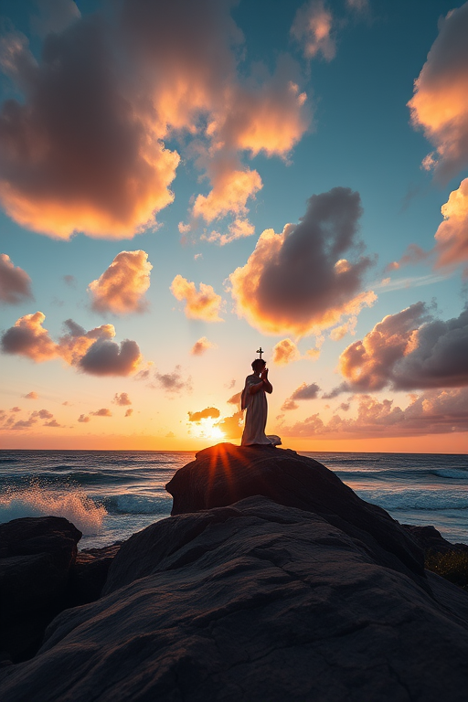 Create a serene landscape featuring a figure in prayer on a rocky outcrop at sunrise, with vibrant clouds and ocean waves, captured with a DSLR camera, 50mm lens, f/2.8 aperture, ISO 100, natural lighting, and a low angle view for dramatic effect.
