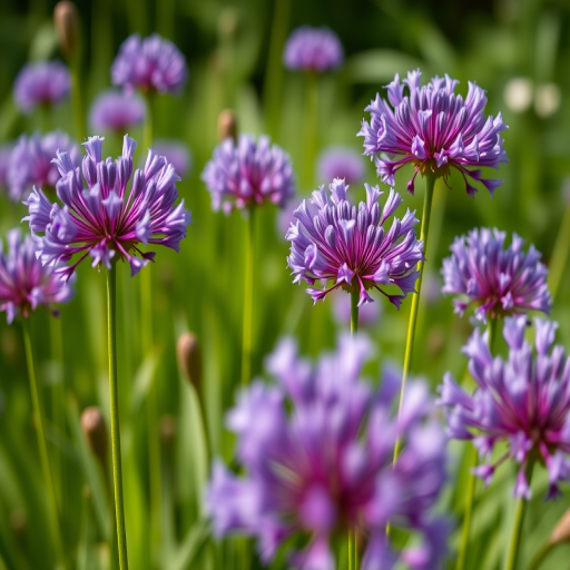 Close-up of vibrant purple allium flowers in a lush green garden, shallow depth of field, f/2.8 aperture, ISO 100, 50mm lens, natural light, DSLR camera, shot from a slightly elevated angle for depth and perspective.