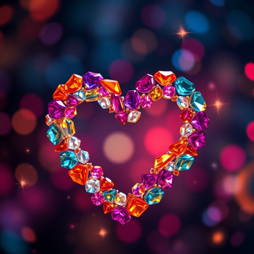 create a vibrant heart shape made of colorful gemstones, with sparkling effects and swirling light, resembling a magical atmosphere, captured using a Canon EOS R5 with a 50mm f/1.2 lens, aperture set to f/2.8, ISO 100, shutter speed 1/250s, in a macro shot style for enhanced detail and clarity