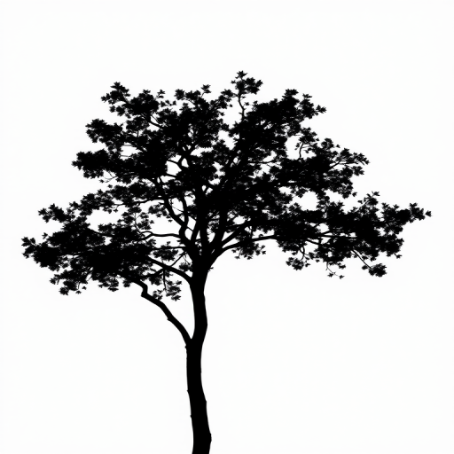 Generate a high-resolution image of a minimalist black silhouette of a tree against a white background, using a Canon EOS 5D Mark IV camera at f/8 aperture, ISO 100, 1/200 sec shutter speed, taken from a low-angle view with a natural lighting style.