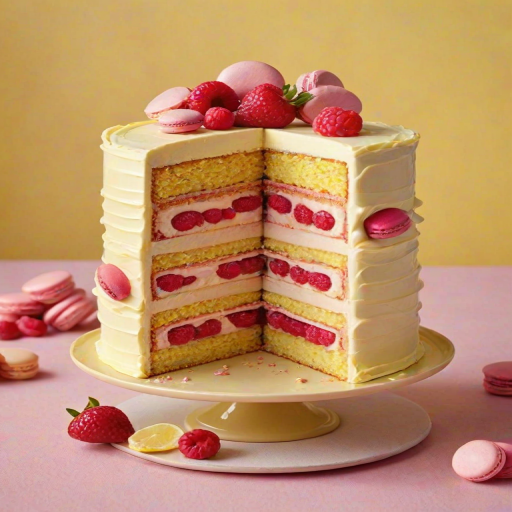 Create an image of a multi-layered cake with a light yellow frosting. The cake should have visible layers filled with a fruit preserve, and the top decorated with pink macarons, fresh raspberries, and lemon slices. Show a slice cut out to reveal the layers inside, emphasizing the colorful filling. Use a bright and inviting background.